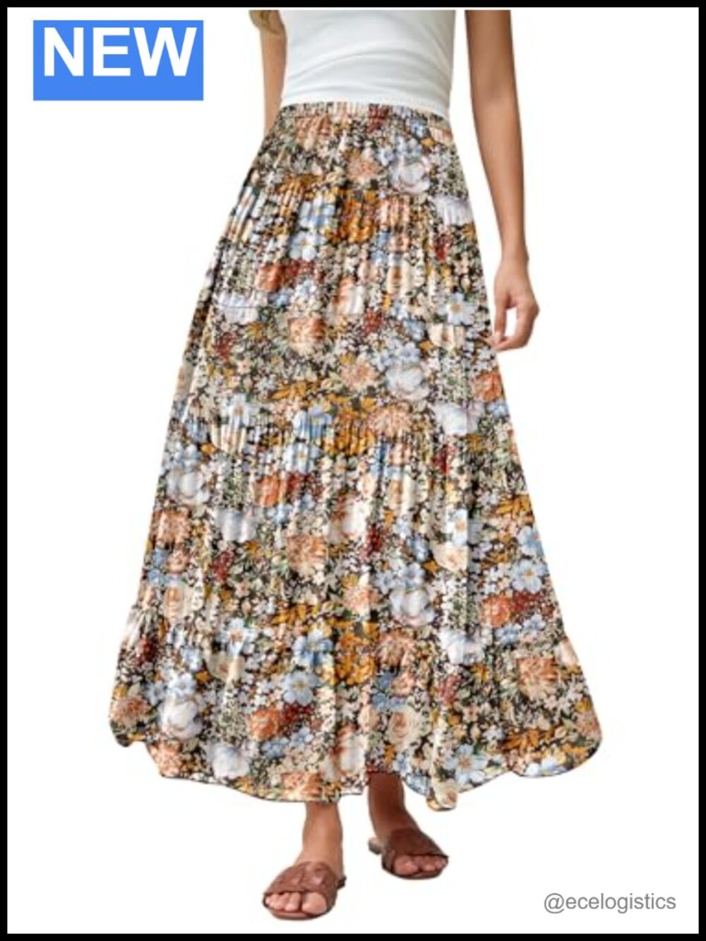 Flowy Floral A Line Maxi Skirt Chiffon Boho High Waist Ruffled